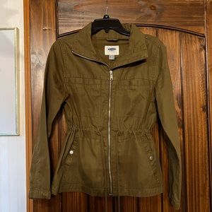Old Navy olive green military utility jacket Sz small womens zipper cinch waist